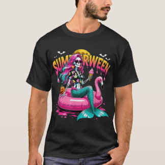 Camiseta Halloween Tropical Summerween Mermaid Skeleton 