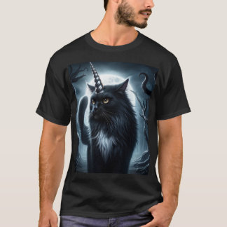 Camiseta Halloween Unicornio Gato negro hauntado bosque