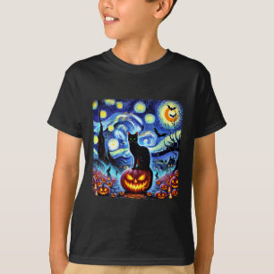 Camiseta Halloween Van Gogh Starry Night Black Cat Pumpkins