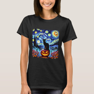 Camiseta Halloween Van Gogh Starry Night Black Cat Pumpkins