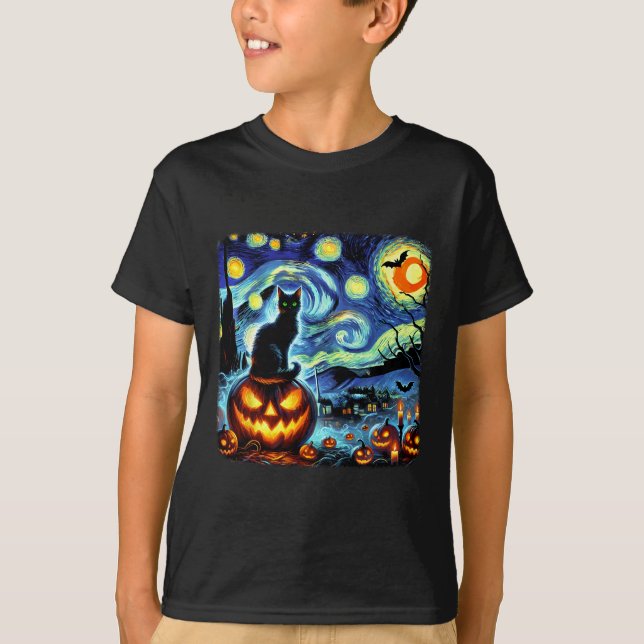 Camiseta Halloween Van Gogh Starry Night Black Cat Pumpkins (Anverso)