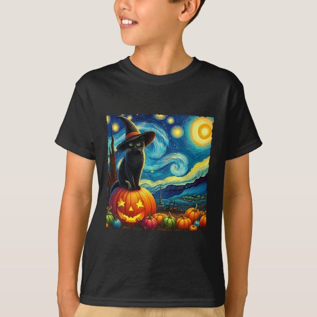 Camiseta Halloween Van Gogh Starry Night Black Cat Wbruja H (Anverso)