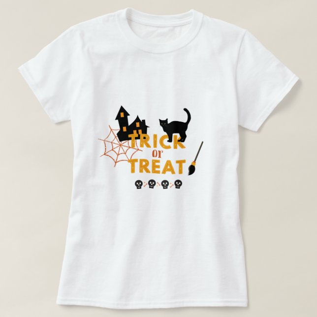 Camiseta Halloween Vestimenta TRICK O TRATA la moda femenin (Diseño del anverso)