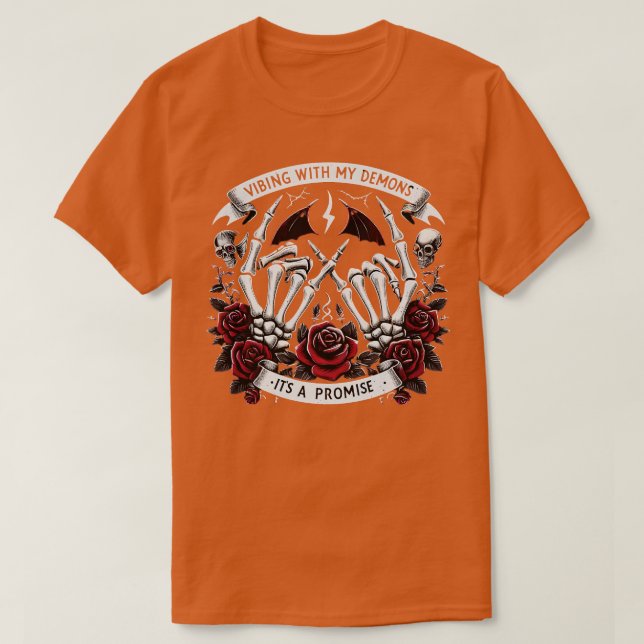 Camiseta HALLOWEEN Vibing with My Demons Skeletons and Rosa (Diseño del anverso)
