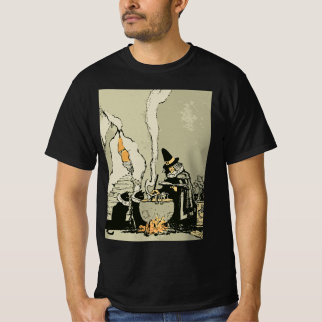 Camiseta Halloween vintage, bruja con caldero y gatos (Anverso)