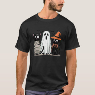 Camiseta Halloween Vintage Gato Negro Momia Bruja Fantasma 