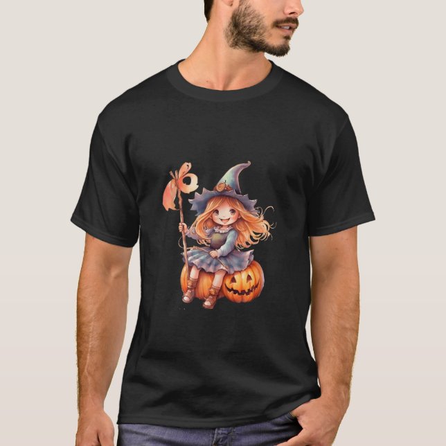 Camiseta Halloween Witch Costume Calabaza Broom Watercolor  (Anverso)