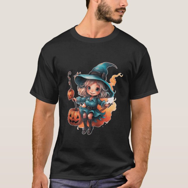 Camiseta Halloween Witch Costume Calabaza Broom Watercolor  (Anverso)
