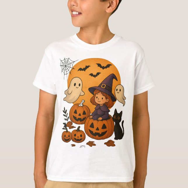 Camiseta Halloween Witch Design with Ghosts, Pumpkins (Anverso)