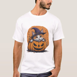 Camiseta Halloween Witch Hat Cat in Pumpkin Spooky Season