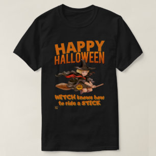 Camiseta "HALLOWEEN WITCH RIDES STICK" gracioso