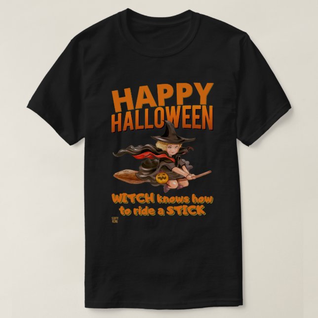 Camiseta "HALLOWEEN WITCH RIDES STICK" gracioso (Diseño del anverso)