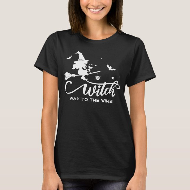 Camiseta Halloween Witch Wine Flying Broom (Anverso)