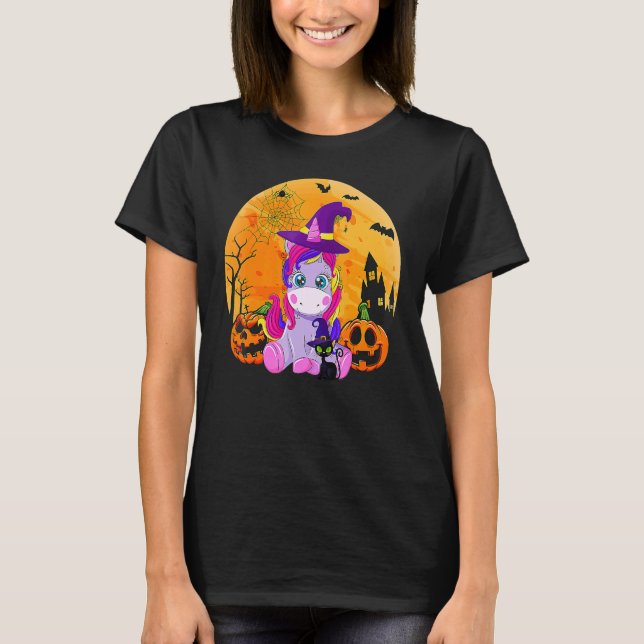 Camiseta Halloween Witchy Unicorn Black Cat Pumpkin Girls W (Anverso)