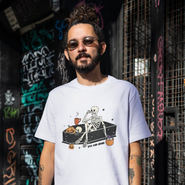 CAMISETA HALLOWEER RISE & GRIND SKELETON EN UN COFFIN (Subido por el creador)