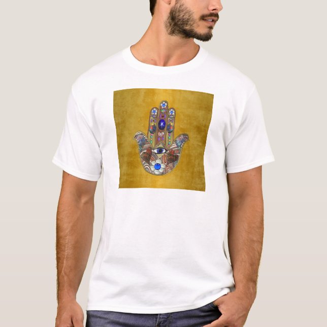 Camiseta Hamsa Hearts Flores: Arte Opal sobre Oro (Anverso)