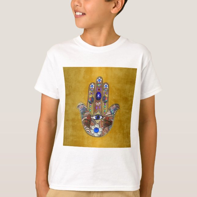 Camiseta Hamsa Hearts Flores: Arte Opal sobre Oro (Anverso)