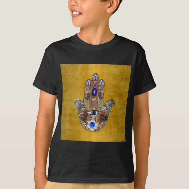 Camiseta Hamsa Hearts Flores: Arte Opal sobre Oro (Anverso)