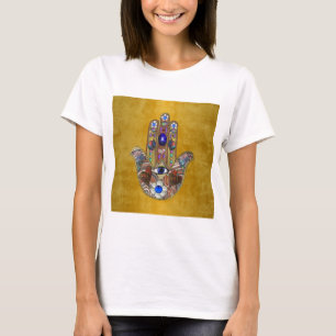 Camiseta Hamsa Hearts Flores: Arte Opal sobre Oro