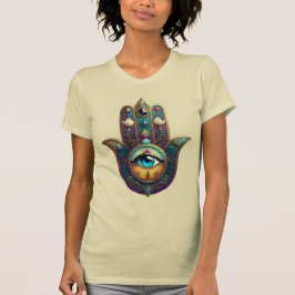 Camiseta Hamsa Violeta Dorado Teal con Tercer Ojo Turquesa