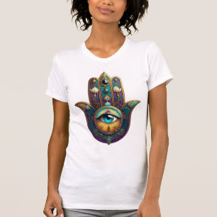 Camiseta Hamsa Violeta Dorado Teal con Tercer Ojo Turquesa