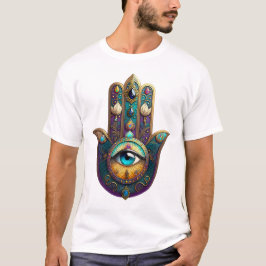 Camiseta Hamsa Violeta Dorado Verde Agua con Tercer Ojo Tur