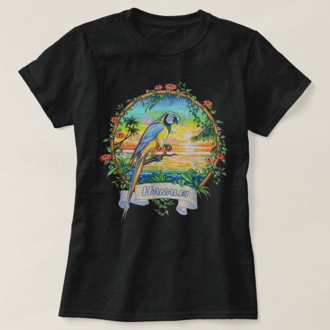 Camiseta Hanalei, Kauai Vintage Sunset Parrot Vacation Cop (Diseño del anverso)