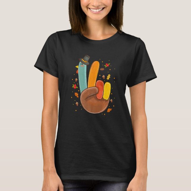 Camiseta Hand Peace Sign Turkey Pilgrim Hat Cool Retro Than (Anverso)