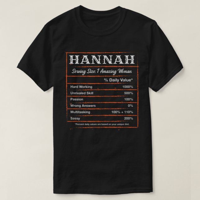 Camiseta Hannah Nutrition Facts First Name Personalized Nic (Diseño del anverso)