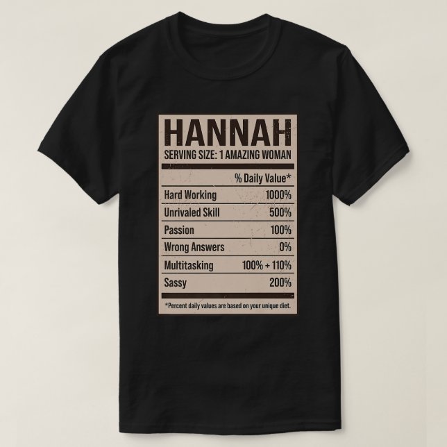 Camiseta Hannah Nutrition Facts Name Nickname Alias Título  (Diseño del anverso)