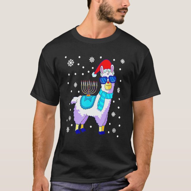 Camiseta Hanukkah Llama Menorah Alpaca Santa Hat Navidades (Anverso)