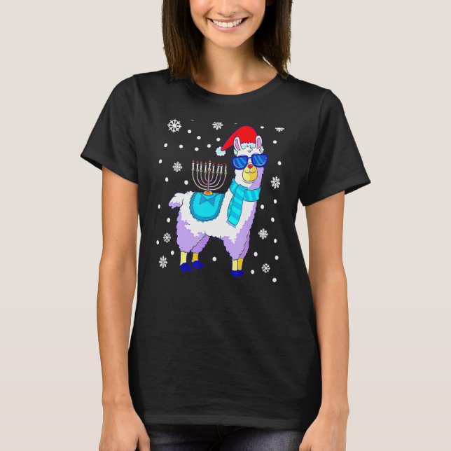Camiseta Hanukkah Llama Menorah Alpaca Santa Hat Navidades (Anverso)