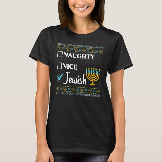 Camiseta Hanukkah Naughty Nice Jewish  Ugly Christmas (Anverso)