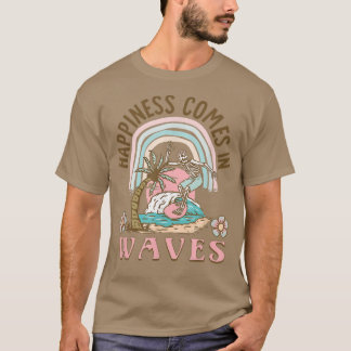 Camiseta Happiness Comes In Waves retro skeleton surfing be