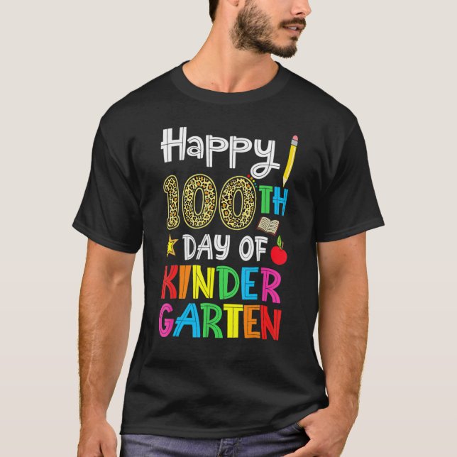 Camiseta Happy 100th Day Of Kindergarten Leopard Print Teac (Anverso)