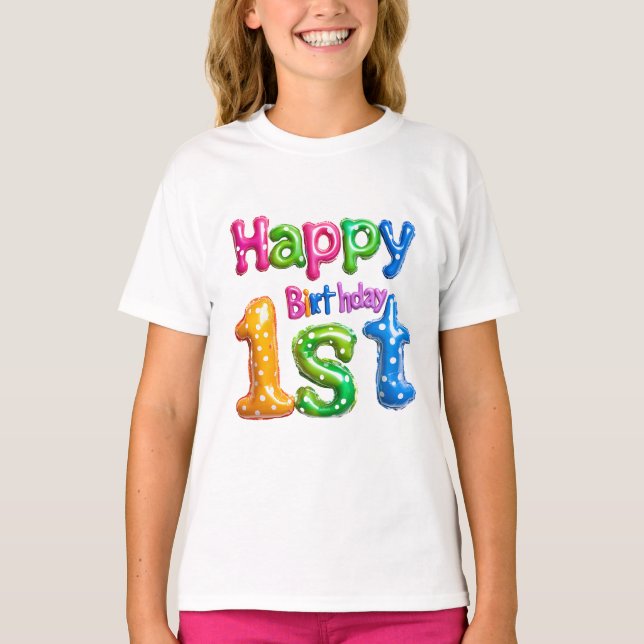 Camiseta Happy 1st Birthday – Colorful Balloon Design  (Anverso)