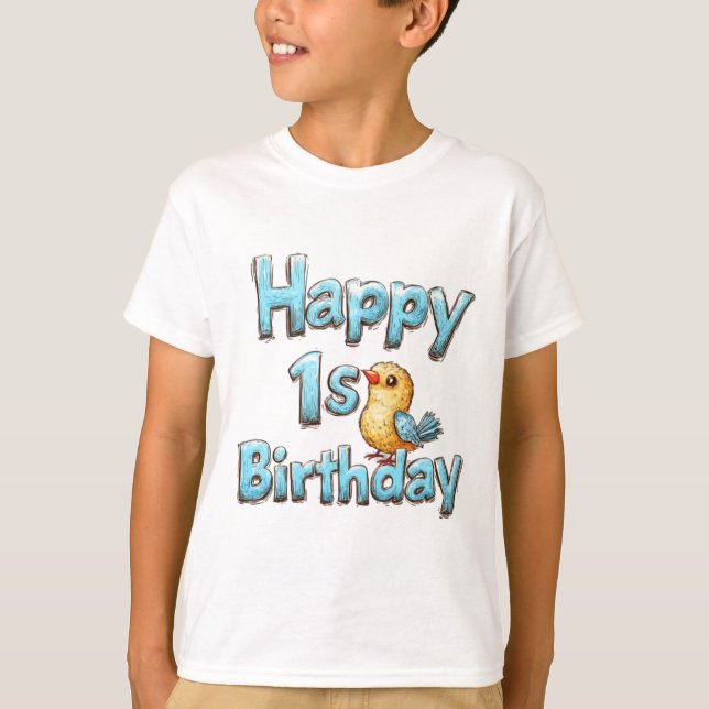 Camiseta Happy 1st Birthday – Cute Blue Bird and Birthday  (Anverso)