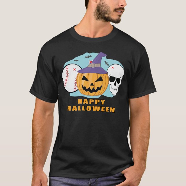 Camiseta Happy Baseball Halloween - Spooky Skull and Pumpki (Anverso)