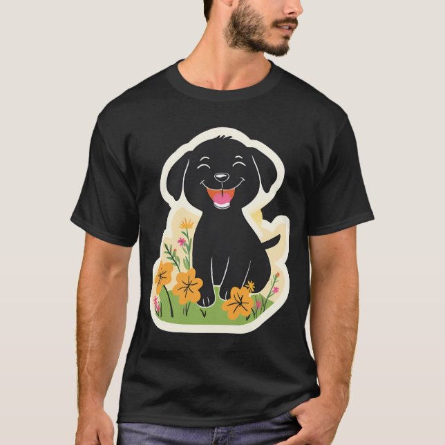 Camiseta Happy Black Puppy in Wildflowers (Anverso)
