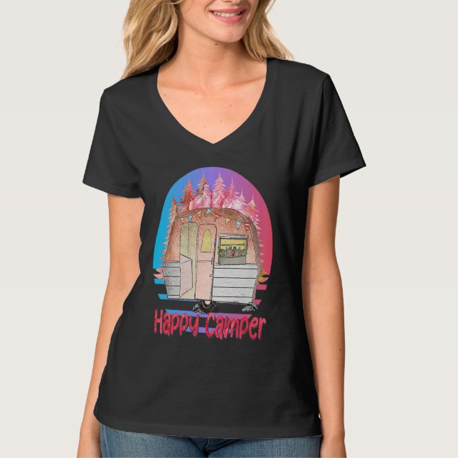 Camiseta Happy Camper Retro Sunset with Teardrop Camper (Anverso)