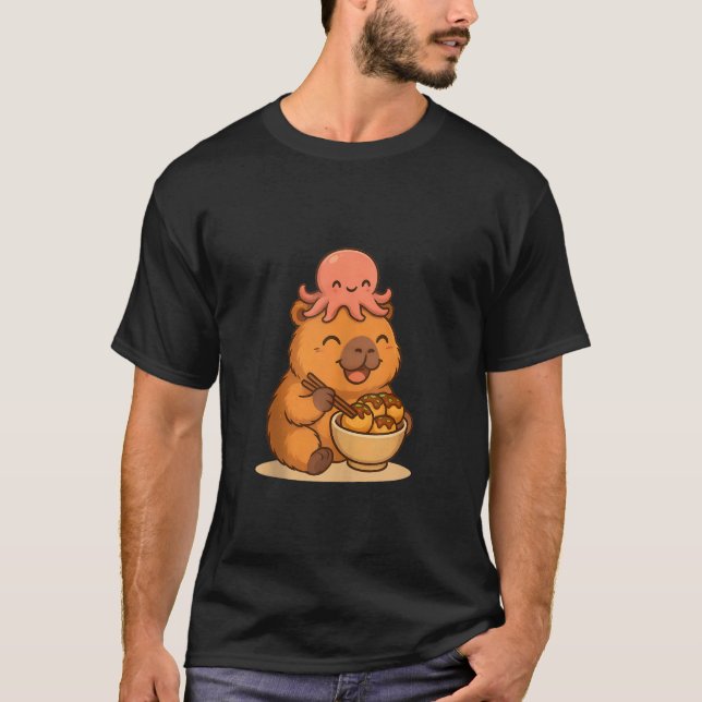 Camiseta Happy Capybara Eating Takoyaki with Octopus Kawaii (Anverso)