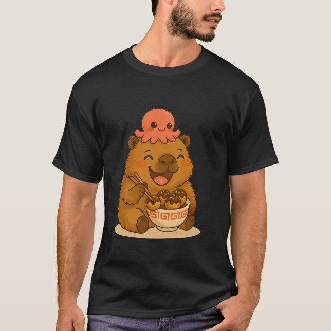 Camiseta Happy Capybara Eating Takoyaki with Octopus Kawaii (Anverso)