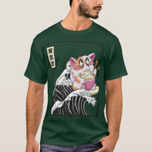 Camiseta Happy Cat Eating Ramen Surfing Kanagawa Wave Kawai