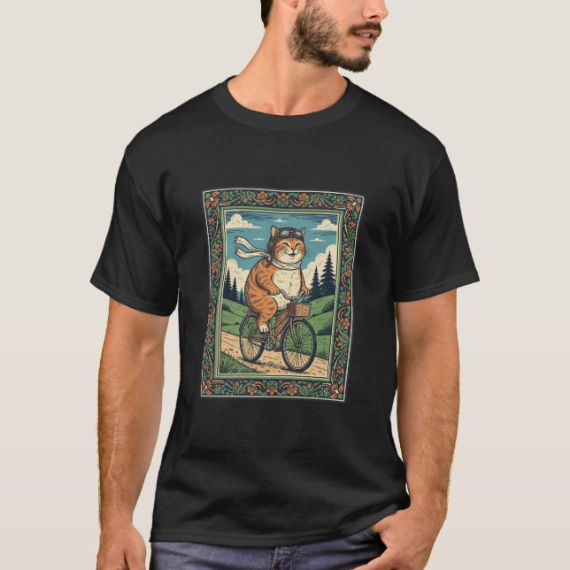 Camiseta Happy cat Riding bicycle on linocut art (Anverso)