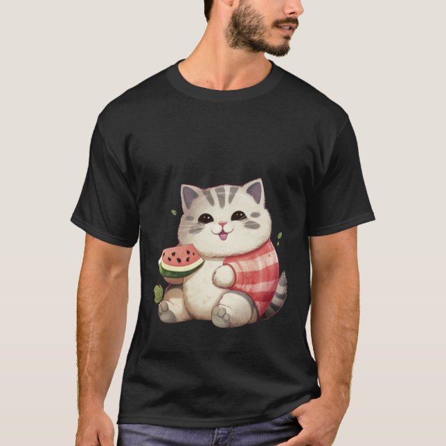 Camiseta Happy Chubby Cat with Watermelon Summer Art ✨🐾🍉 (Anverso)