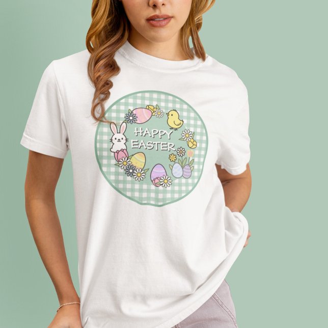 Camiseta Happy Easter Bunny Chick Eggs Green Gingham (Subido por el creador)