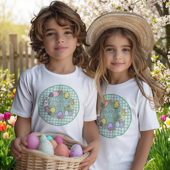 Camiseta Happy Easter Bunny Chick Eggs Green Gingham (Subido por el creador)