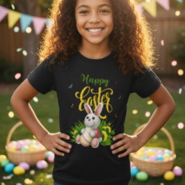 Camiseta Happy Easter Bunny Sunflowers Girls Black Tee