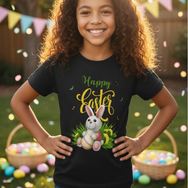 Camiseta Happy Easter Bunny Sunflowers Girls Black Tee (Subido por el creador)