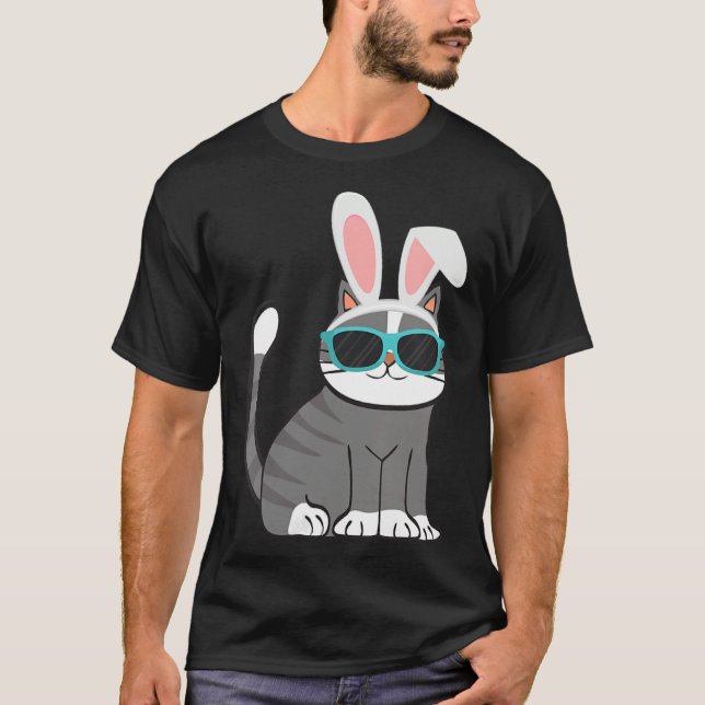 Camiseta Happy Easter Cool Cat With Bunny Ears and Glasses  (Anverso)